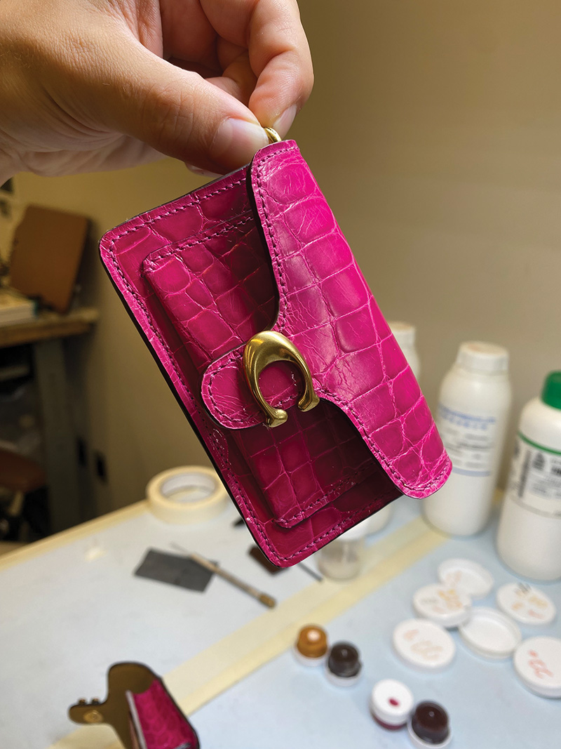 The miniature pink crocodile tabby was one of Jacob Emmett’s first projects at Coach — “to test my abilities.”