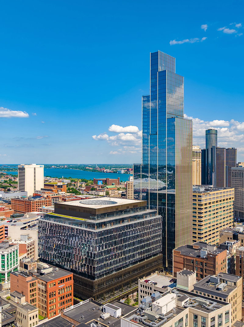 With shimmering glass facades, Hudson’s Detroit offers more than 21 million square feet of office, retail, and living space.
