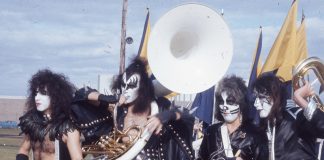 KISS at Veterans Memorial Stadium mixing in with the Cadillac Marching Vikings and making rock history.