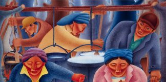 A painting shows five Indigenous people prepare maple sugar in Patrick Desjarlait's Maple Sugar Time displayed at the Detroit Institute of Arts