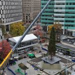 Detroit's Christmas tree being placed in its stand via a crane.