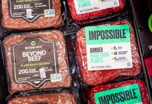 6 Things to Know About Vegan Cooking Impossible burger and Beyond Beef packages sold next to each other in a Gelson's Markets store; both products are plant based