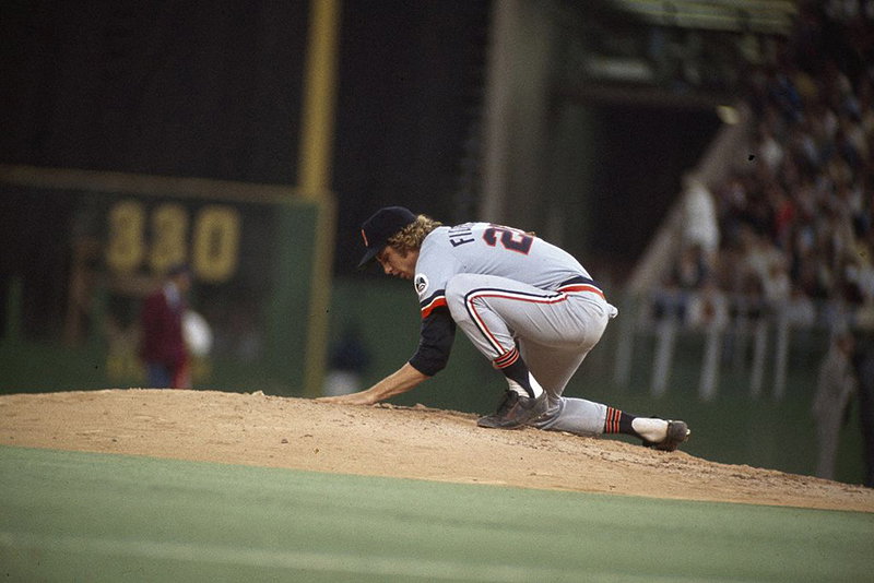 The Bird manicures the mound during an away game against the Minnesota Twins on June 20, 1976.