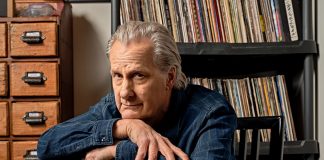 Jeff Daniels posing with a guitar.