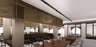 A rendering of The Mezz shows a portion of the coworking space designed for members.
