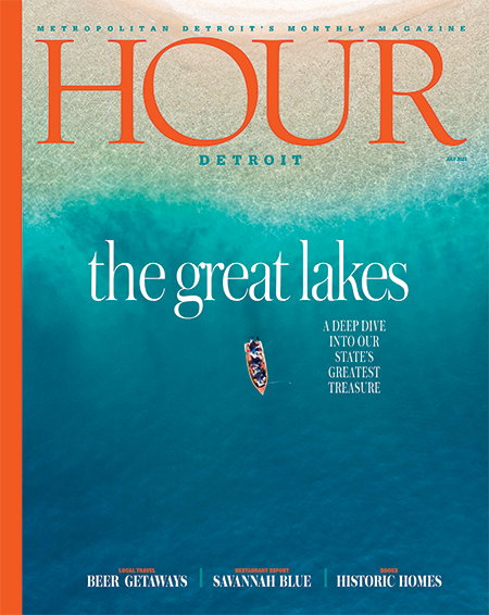 Hour Detroit's July 2023 cover featuring an aerial shot of one of the Great Lakes