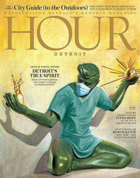 Hour Detroit's May 2020 featuring a rendering of the Spirit of Detroit statue wearing a mask