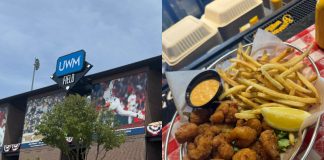 Exterior of UWM Field in Utica, alongside their Shrimp Basket