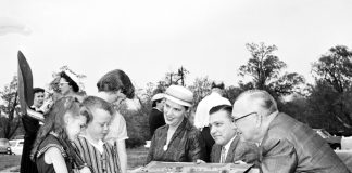 From right to left at the May 20, 1959, groundbreaking: George W. Stark, president of the Detroit Historical Museum; Robert M. Dossin, representing his father, food and soft drink distributor Roy L. Dossin; and Detroit City Council president Mary V. Beck. They are sharing the museum model with Sidonie Y. Dossin, 11, Douglas P. Dossin, 5, and Pamela Knighton, 5.