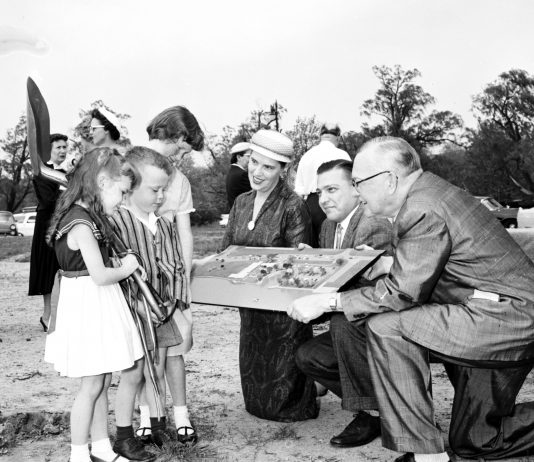 From right to left at the May 20, 1959, groundbreaking: George W. Stark, president of the Detroit Historical Museum; Robert M. Dossin, representing his father, food and soft drink distributor Roy L. Dossin; and Detroit City Council president Mary V. Beck. They are sharing the museum model with Sidonie Y. Dossin, 11, Douglas P. Dossin, 5, and Pamela Knighton, 5.