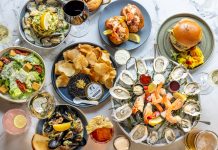 Hour Detroit’s Best New Restaurants 2026: The Franklin Oyster Bar and Eatery in Franklin Clockwise from top: lobster rolls, cheeseburger, seafood platter, Pemaquid mussels, dill Caesar salad, clams linguine.