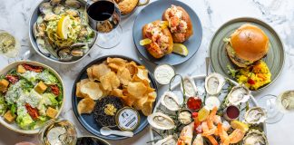 Clockwise from top: lobster rolls, cheeseburger, seafood platter, Pemaquid mussels, dill Caesar salad, clams linguine.