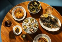 Bottom, clockwisefrom top right: sfincione, mussels bianco, branzino, pesce spada, insalata di mare, spiedini (lamb belly skewers).