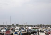 Boats docked in a marina on Lake St. Clair.
