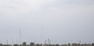 Boats docked in a marina on Lake St. Clair.