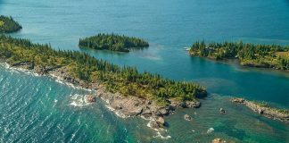 The aerial view of Scoville Point at Isle Royale.