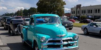 1954 Chevrolet 3100 Pickup is display at annual Woodward dream cruise in Michigan near Birmingham