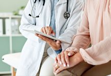 Clinic, tablet and hands of doctor with patient for consulting