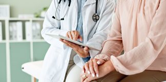 Clinic, tablet and hands of doctor with patient for consulting