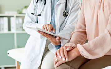 Clinic, tablet and hands of doctor with patient for consulting