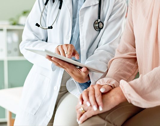 Clinic, tablet and hands of doctor with patient for consulting