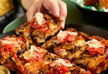 Close-up on a Detroit-style pizza from Unc's Pizza.