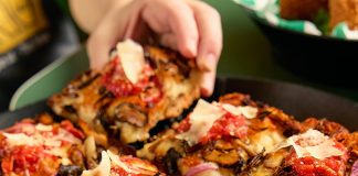 Close-up on a Detroit-style pizza from Unc's Pizza.