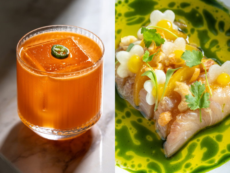Carrot cocktail and kanpachi crudo from Echelon Kitchen and Bar in Ann Arbor.