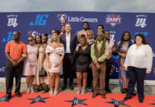 Jared Goff Honors Detroit’s Graduating Seniors at FATE Draft Day 2026 Jared Goff with the FATE Draft Day Graduates