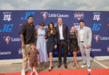 Penei and Isabelle Sewell with their son, Christen and Jared Goff, Kennedy and Malcolm Rodriguez