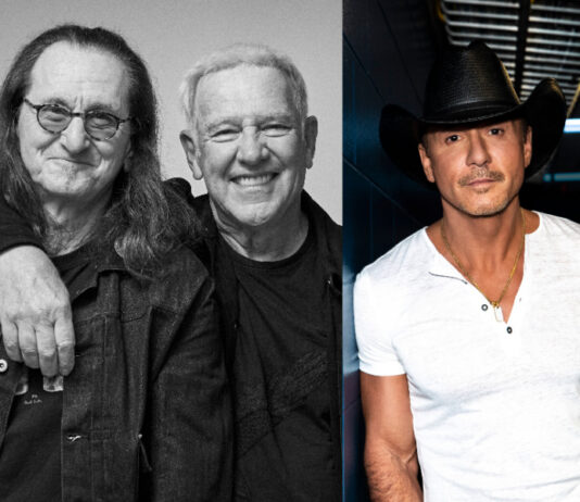 A split image of Geddy Lee and Alex Lifeson of Rush and country superstar Tim McGraw