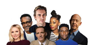 Collage of headshot featuring Kristen Bell, Tim Meadows, Dax Shepard, Diona Reasonover, Sam Richardson, and J.K. Simmons, and Mark Evan Jackson.