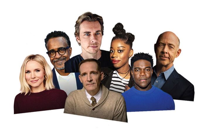 Collage of headshot featuring Kristen Bell, Tim Meadows, Dax Shepard, Diona Reasonover, Sam Richardson, and J.K. Simmons, and Mark Evan Jackson.