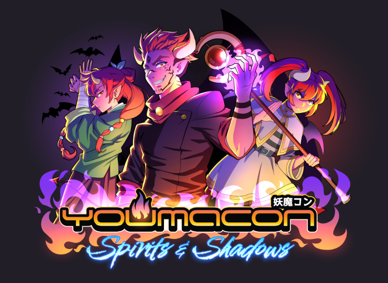Youmacon 2026 Spirits and Shadows logo featuring 3 of their mascots