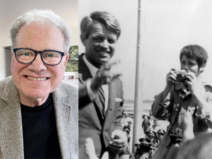 Douglas Elbinger (L-R): A selfie of Douglas Elbinger circa July 2026, and a 17-year-old Elbinger photographing Robert F. Kennedy during his 1968 presidential campaign.
