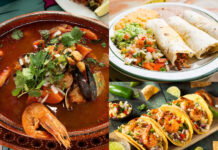Detroit’s Taqueria Dynasty Clockwise from left: Caldo de siete ares from Tequila's, burrito dinner from Taqueria Mi Pueblo, and shrimp tacos from Los Corrales.