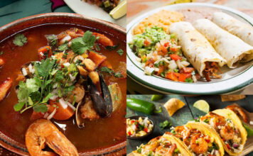 Detroit’s Taqueria Dynasty Clockwise from left: Caldo de siete ares from Tequila's, burrito dinner from Taqueria Mi Pueblo, and shrimp tacos from Los Corrales.