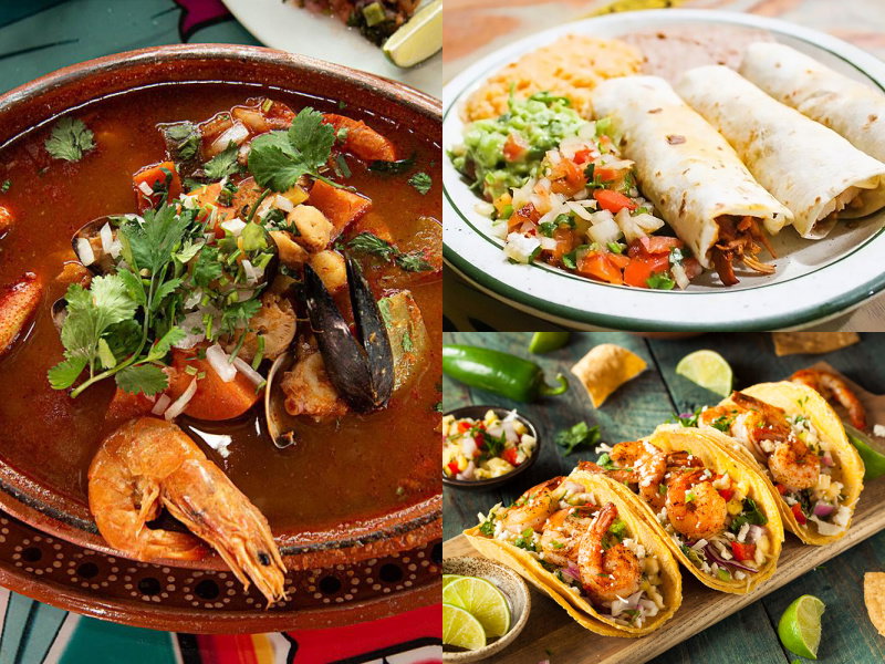Clockwise from left: Caldo de siete ares from Tequila's, burrito dinner from Taqueria Mi Pueblo, and shrimp tacos from Los Corrales.