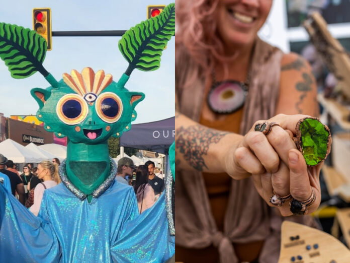 Funky Ferndale Art Fair_DIY Street Fair From left to right: The FerndAlien at the Funky Ferndale Art Fair, and an artist vendor at the DIY Street Fair showing off some of her jewelry pieces.