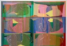 25 Things to Do in Metro Detroit This Weekend (Sept. 11-13) Night Swimming, 2026. Acrylic paint, paper, cotton yarn, hardware, panel 39x30 in.