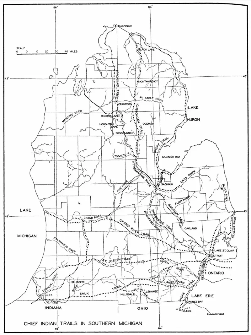 Major Native American trails of lower Michigan