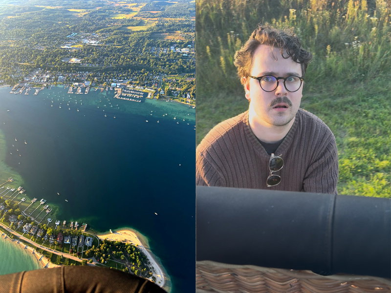 An aerial view of Bay Harbor, and Hour Detroit Senior Editor Jack Thomas, looking concerned about landing a hot air balloon.