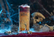 A spooky Halloween cocktail near spider webs and skulls