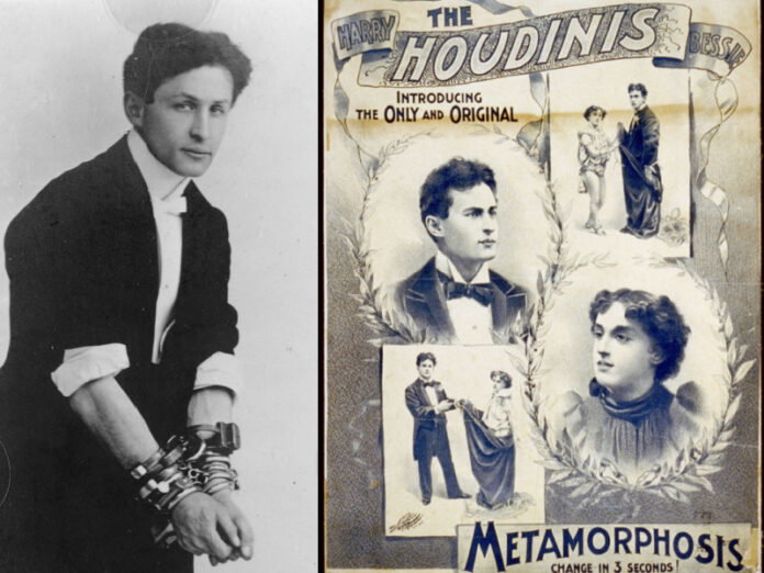 Harry Houdini with his wrists chained together; a poster advertising The Houdinis