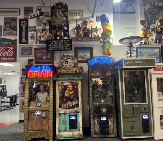 A wall of games and decor at Marvin’s Marvelous Mechanical Museum