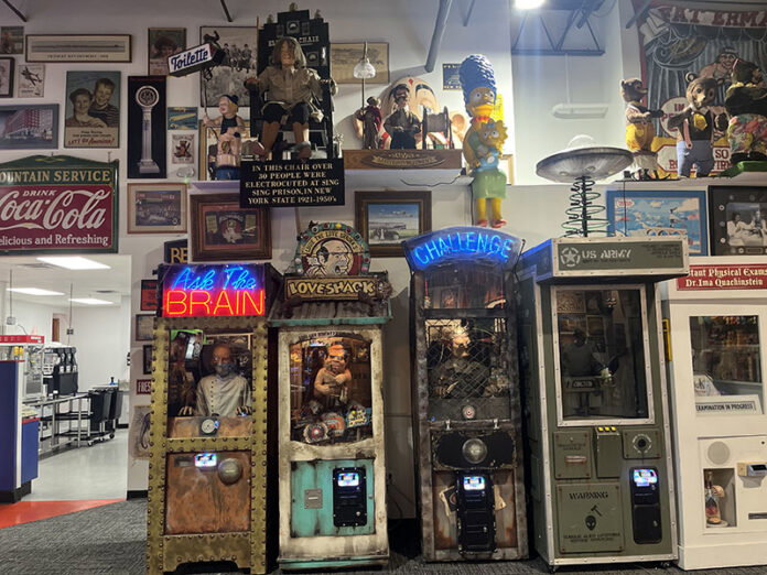 A wall of games and decor at Marvin’s Marvelous Mechanical Museum