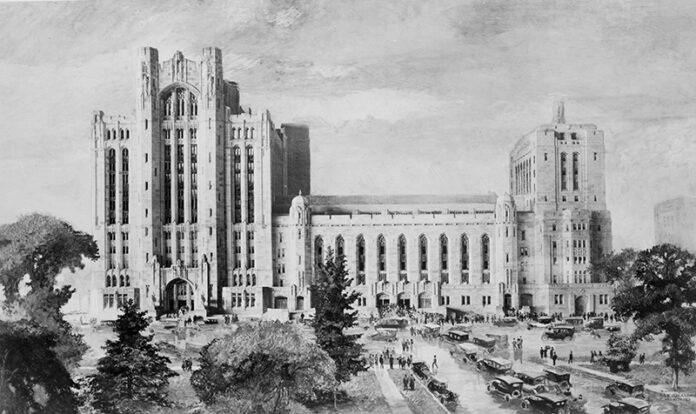This painting by George D. Mason & Co. architects shows an exterior view of the large Masonic Temple on March 30, 1922.