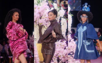 Michigan Fashion Week: Trends That Stood Out From the High Fashion Finale Showcase Bhogalli Leather's pink hued animal-print fur coat; The Style Guru’s chocolate faux-leather jacket with matching shorts; and Caldonia’s Box's jutting knee-length denim dress with oversized bow, wide sleeves, and oversized pockets with blue contrasting trim and roses.