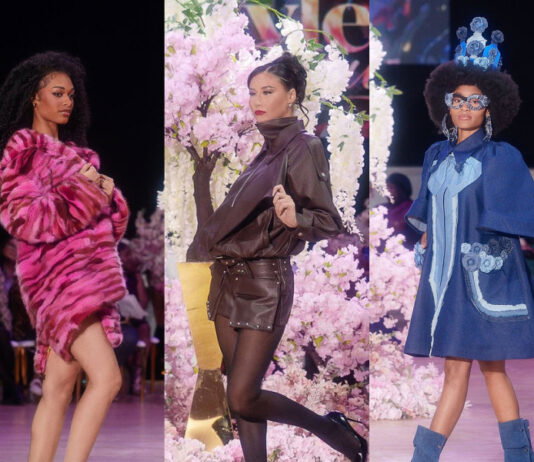 Bhogalli Leather's pink hued animal-print fur coat; The Style Guru’s chocolate faux-leather jacket with matching shorts; and Caldonia’s Box's jutting knee-length denim dress with oversized bow, wide sleeves, and oversized pockets with blue contrasting trim and roses.