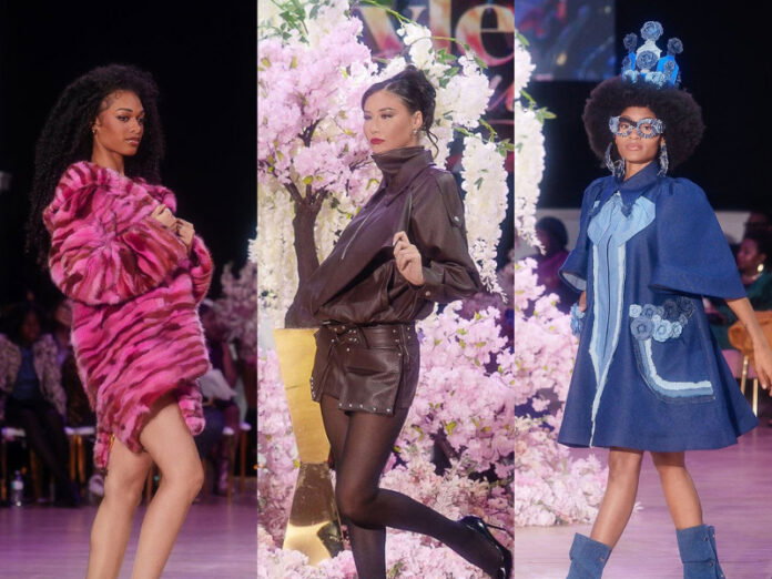 Michigan Fashion Week_High Fashion Finale Showcase Trends Bhogalli Leather's pink hued animal-print fur coat; The Style Guru’s chocolate faux-leather jacket with matching shorts; and Caldonia’s Box's jutting knee-length denim dress with oversized bow, wide sleeves, and oversized pockets with blue contrasting trim and roses.